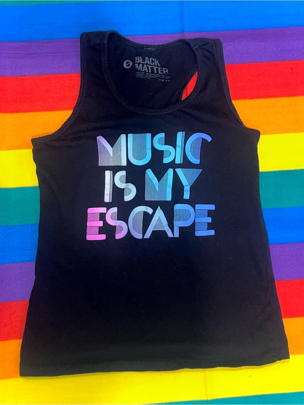 Black Matter 'Music Is My Escape' Edgy Rainbow Graphic Tank Top, Women’s Small